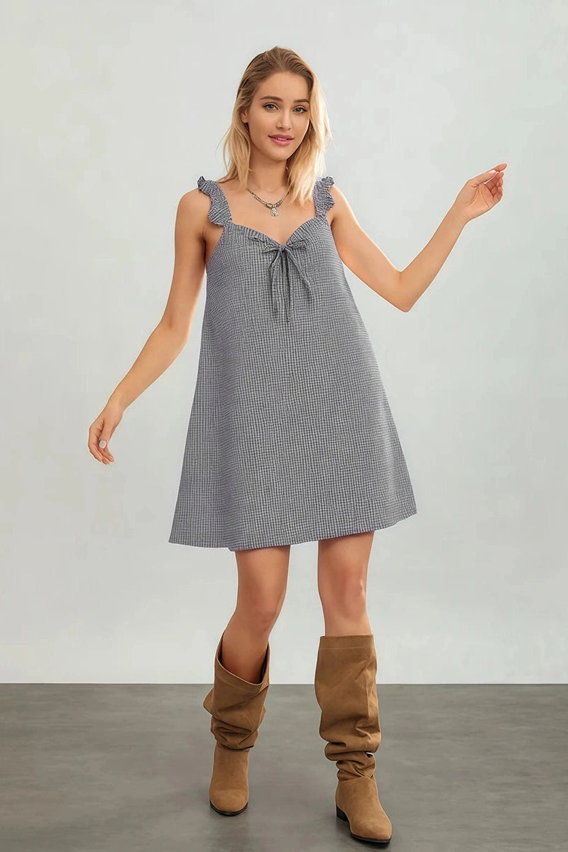 Glorol - Sleeveless Tie-Up Plaid Loose Mini Dress