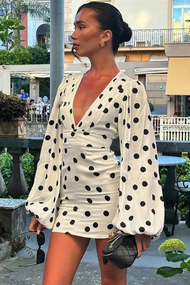 Glorol - Polka Dot Long Sleeve Deep V Neck High Waist Mini Dress