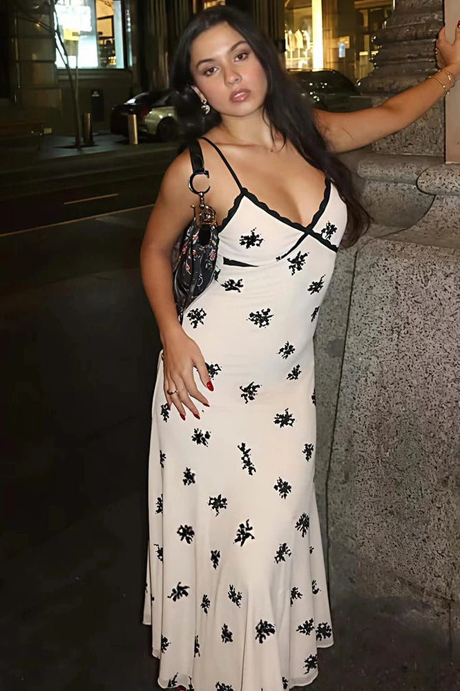 Glorol - Lace Printed Backless Spaghetti Strap V Neck Sleeveless Bodycon Midi Dress