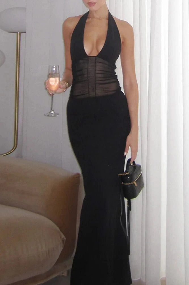 Glorol - See Through Deep V Neck Sleeveless Backless Bodycon Maxi Dress
