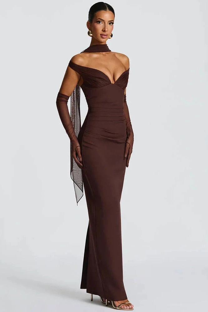 Glorol - Scarf Collar Off-Shoulder Strapless Backless Maxi Dress