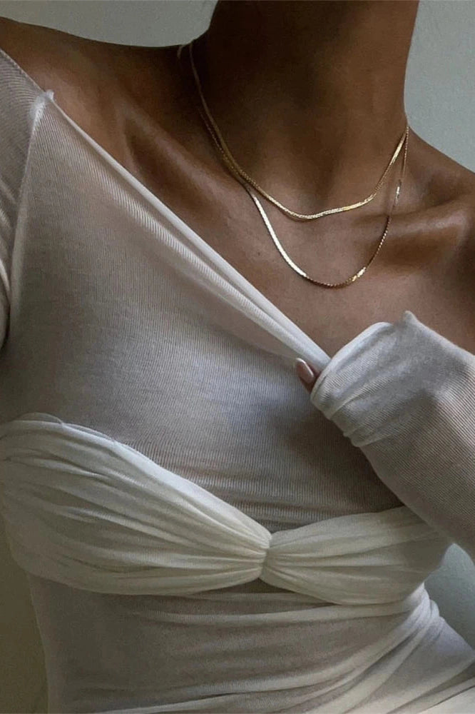 Glorol - Off-Shoulder Long Sleeve See-Through Lace Top