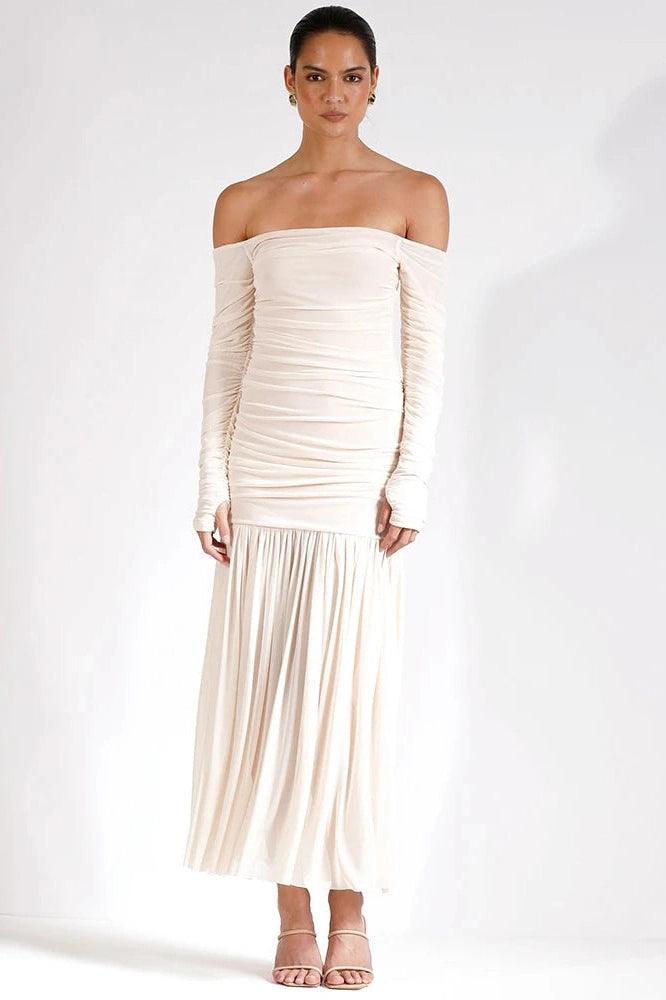 Glorol - Off-Shoulder Strapless Patchwork Backless Long Sleeve Pleated Maxi Dress