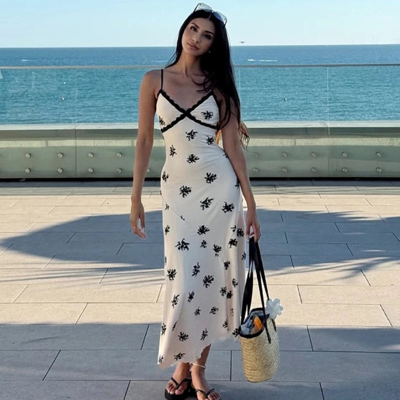 Glorol - Lace Print Spaghetti Strap Slim Midi Dress