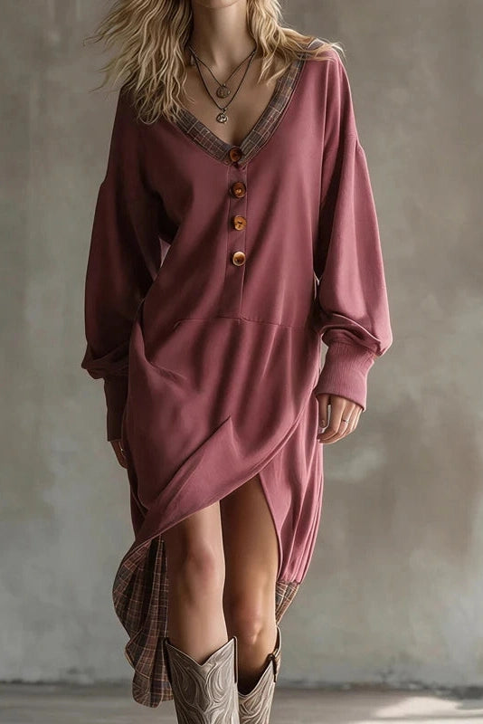 Glorol - Long Sleeve V-Neck Button Split High Waist Irregular Midi Dress