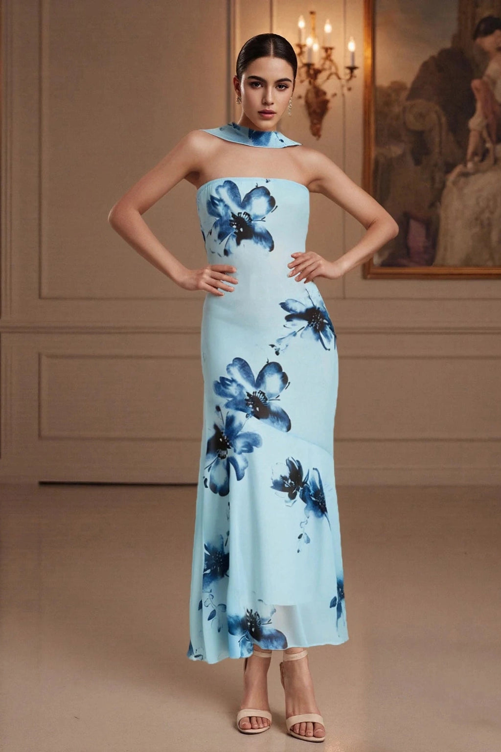 Glorol - Printed Strapless Backless Bodycon Slim Maxi Dress