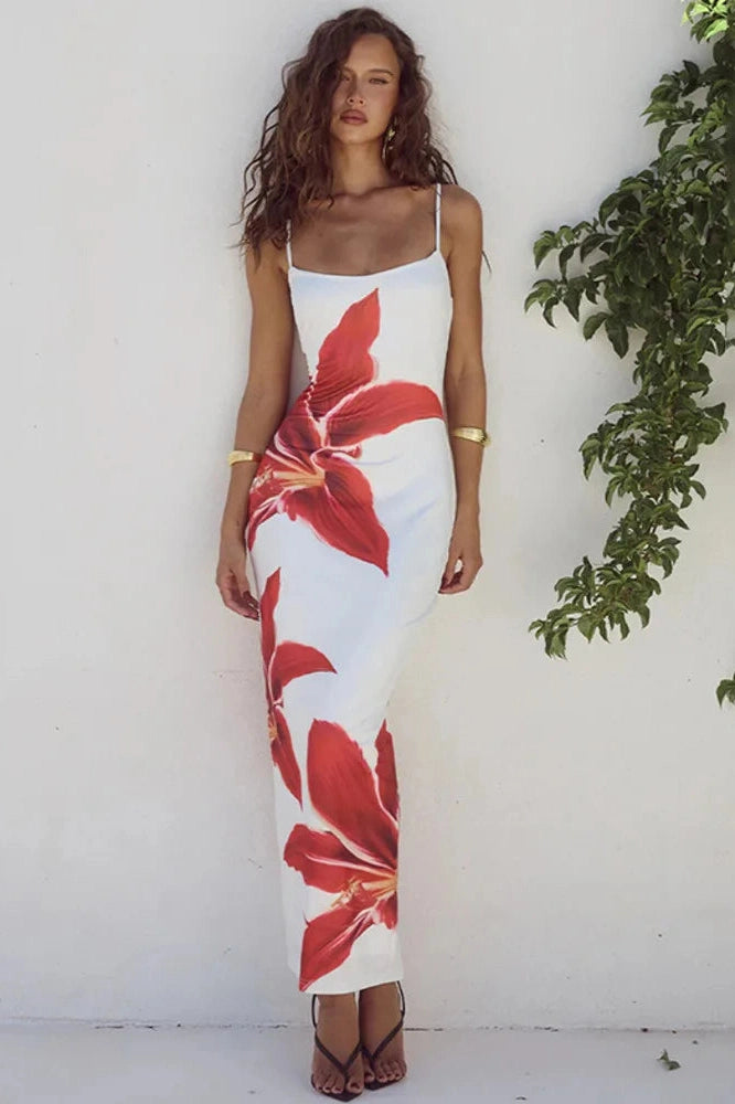 Glorol - Print Spaghetti Strap Sleeveless Backless Midi Dress