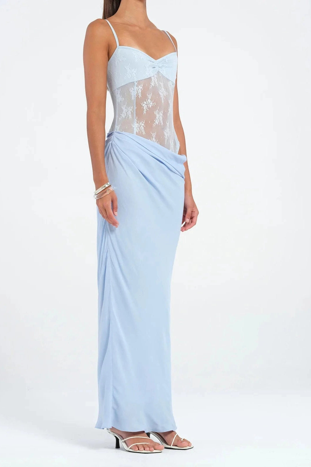 Glorol - Patchwork Lace Slim Spaghetti Strap Backless Maxi Dress
