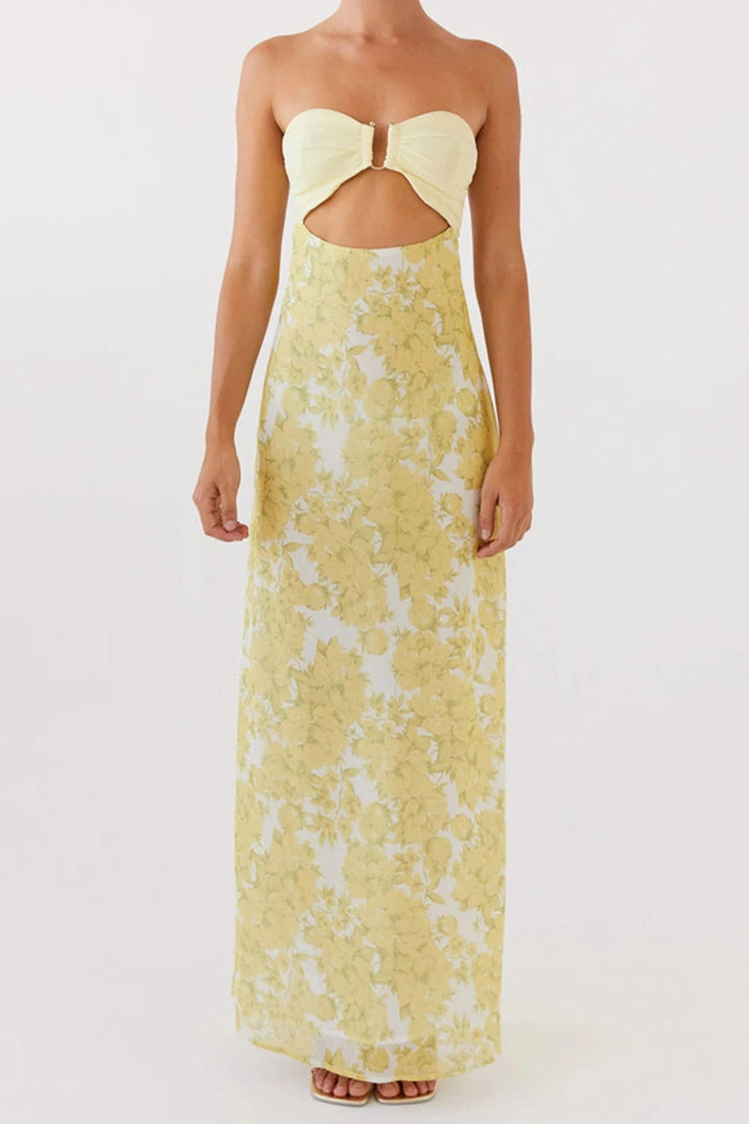 Glorol - Floral Print Backless Strapless Maxi Dress