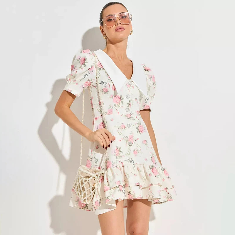 Glorol - Printed Puff Sleeves V-Neck High Waist Mini Dress