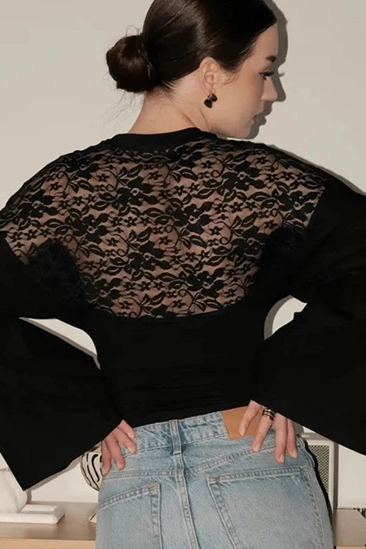 Glorol - Lace Slim Round-Neck Long-Sleeve Top