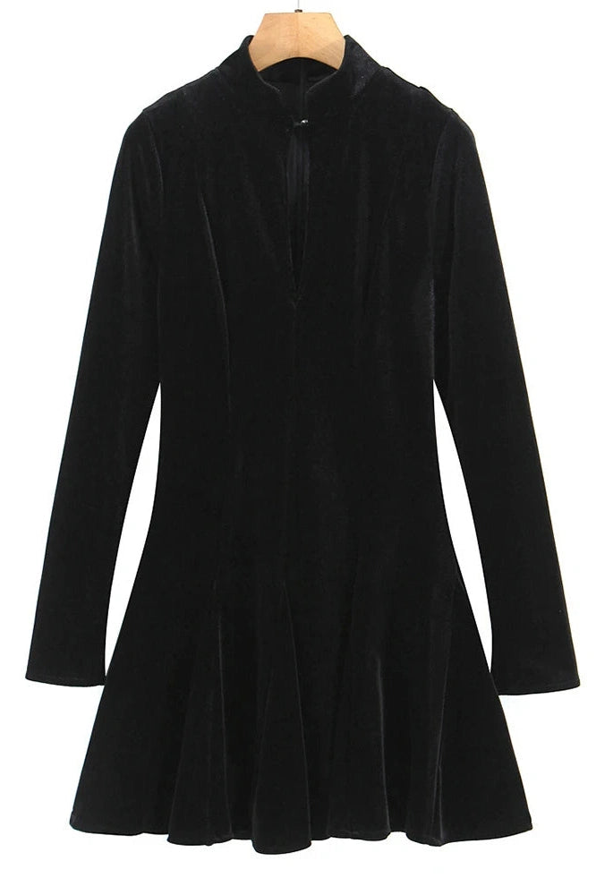 Glorol - Hollow Out Long Sleeve Velvet Turtleneck High Waist A-line Mini Dress