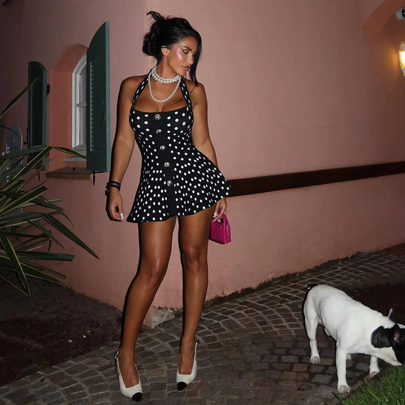 Glorol - Polka Dot Knitted Backless A-Line Mini Dress