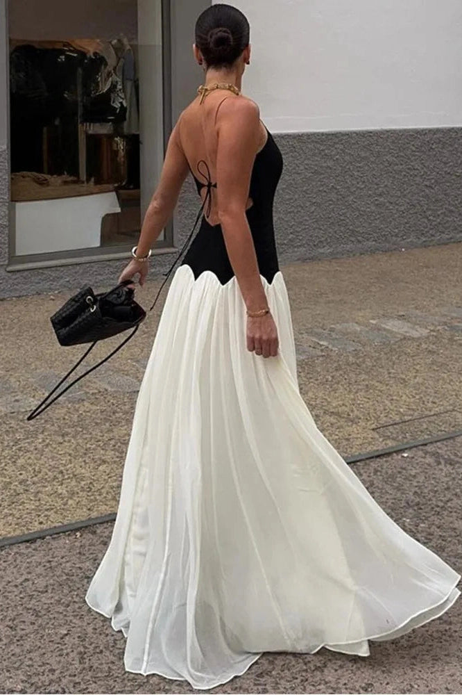 Glorol - Patchwork Spaghetti Strap Sleeveless Backless Maxi Dress