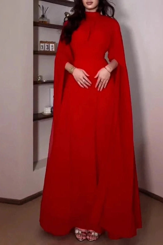 Glorol - Elegant O-Neck Slit Long Sleeve Pleated High Waist Maxi Dress