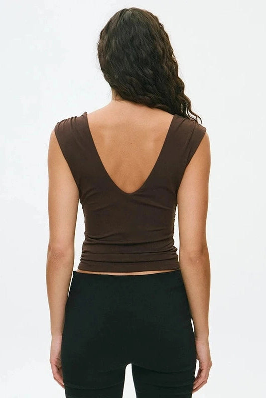 Glorol - Pleated V-Neck Backless Top