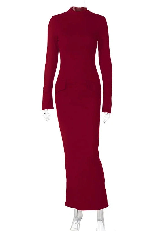 Glorol - Elegant Turtleneck Long Sleeve Maxi Dress