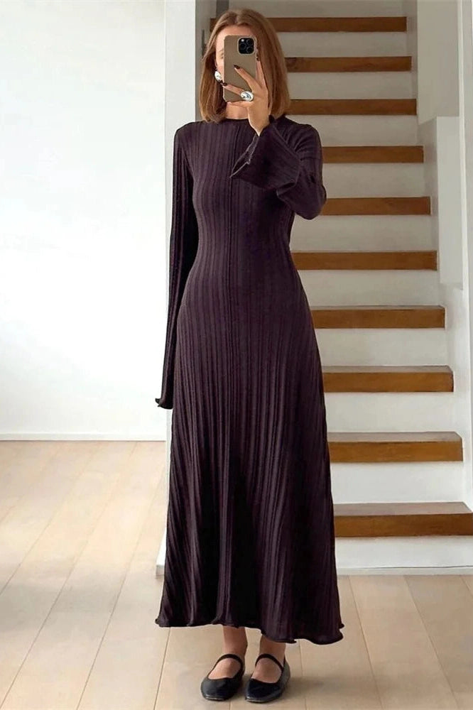 Glorol - Lace-Up High Waist Long Sleeve Maxi Dress