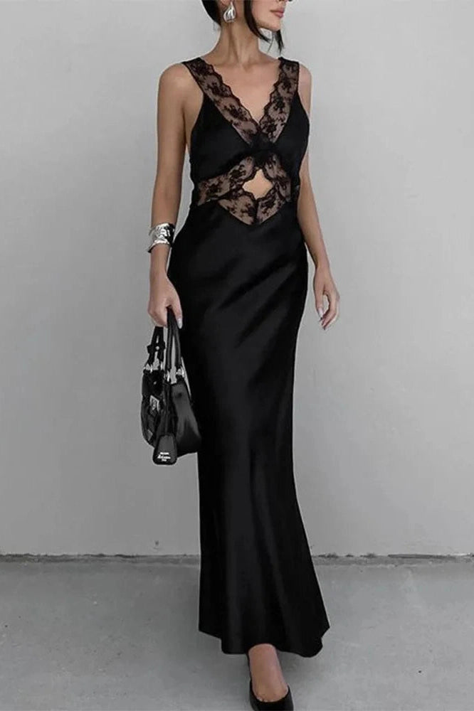 Glorol - Lace Slim Deep V Neck High Waist Maxi Dress