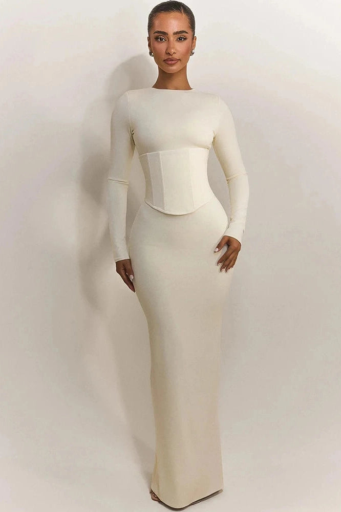Glorol - Long Sleeve High Waist Split Zipper O Neck Bodycon Maxi Dress