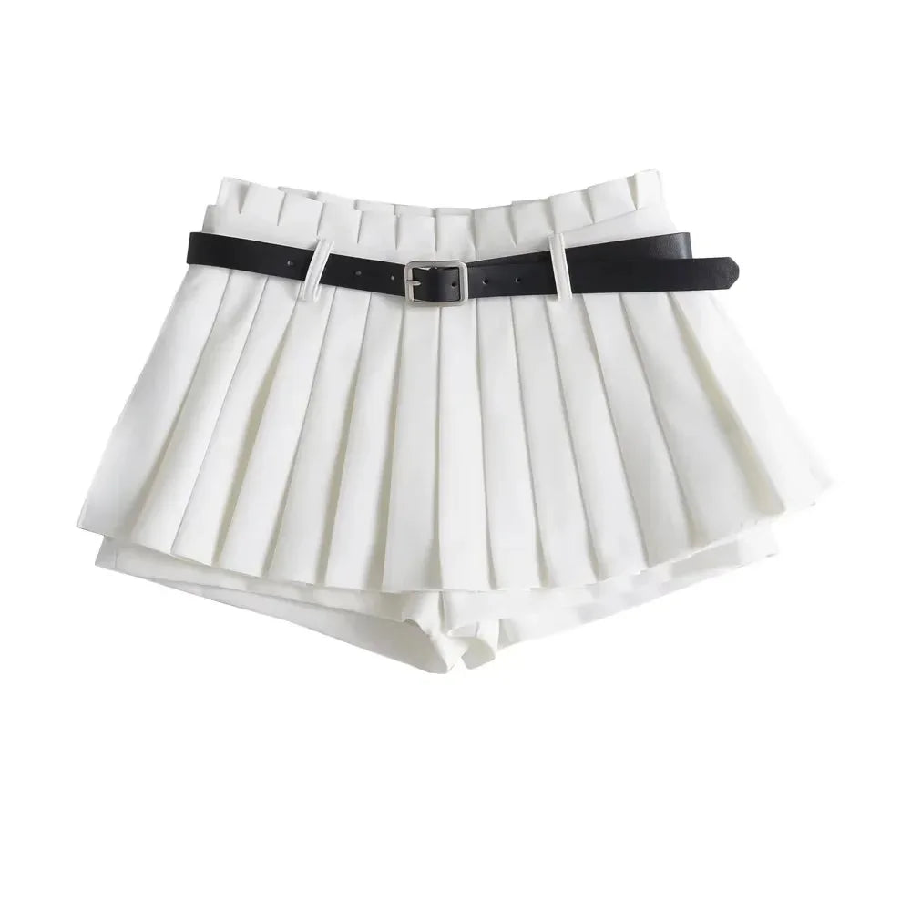 Glorol - Low Waist Pleated Belt Skirt