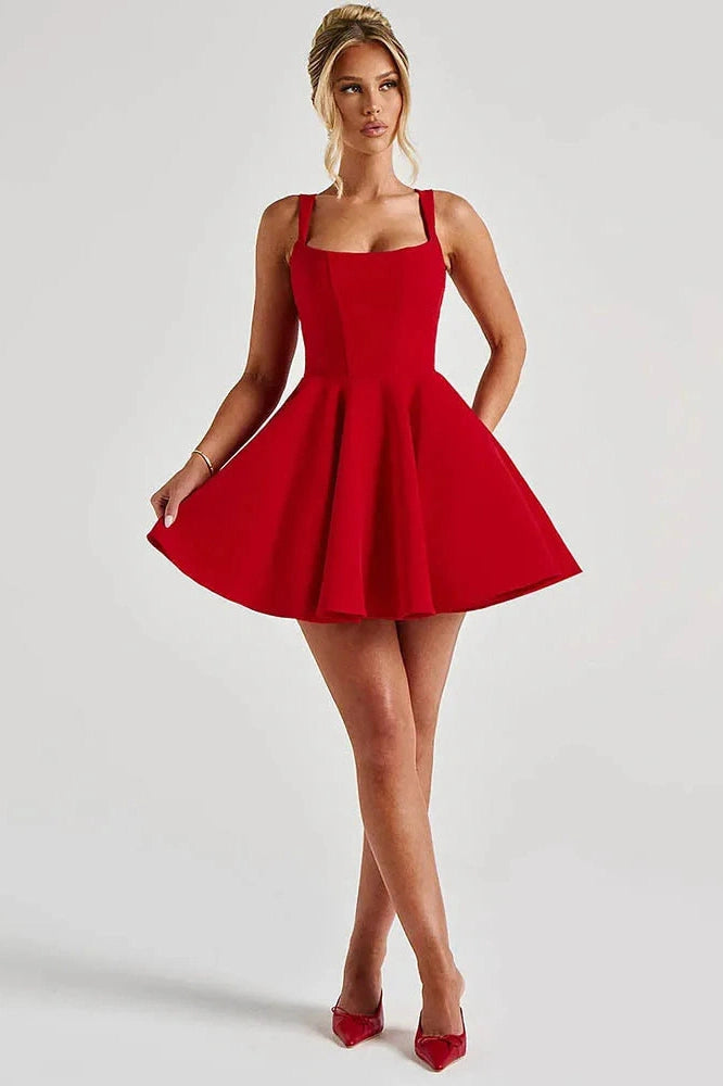Glorol - Backless Spaghetti Strap Sleeveless High Waist A-Line Mini Dress