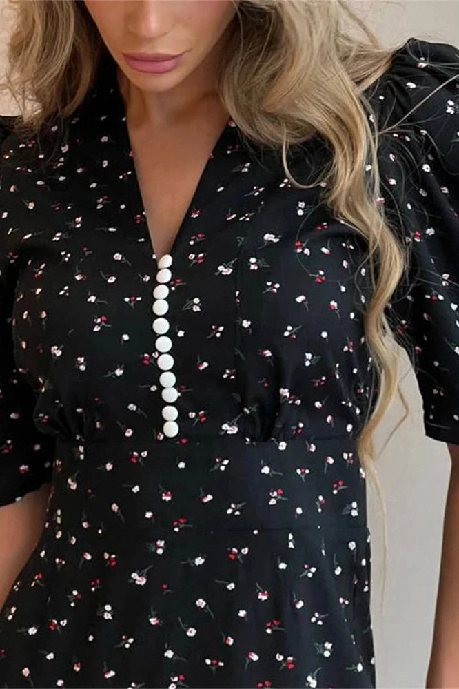 Glorol - Printed High Waist V-Neck Short Sleeve Slim Maxi Dress