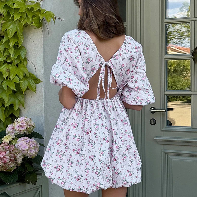 Glorol - Printed Deep V-Neck Puff Sleeve Lace-Up Mini Dress