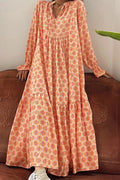 Glorol - Print Tie-Up Long Sleeve V-Neck Maxi Dress