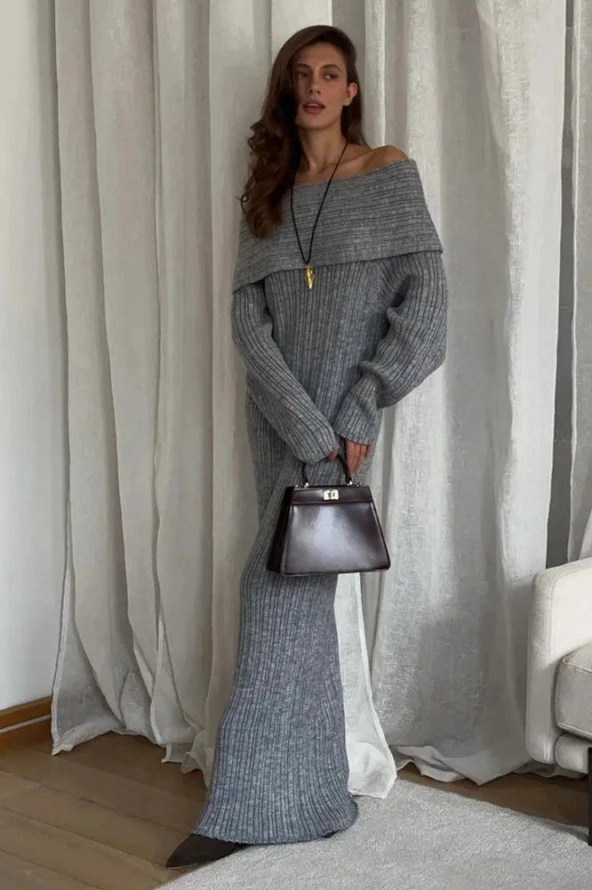 Glorol - Knitted Off-Shoulder Long-Sleeved Slim High Waist Backless Maxi Dress