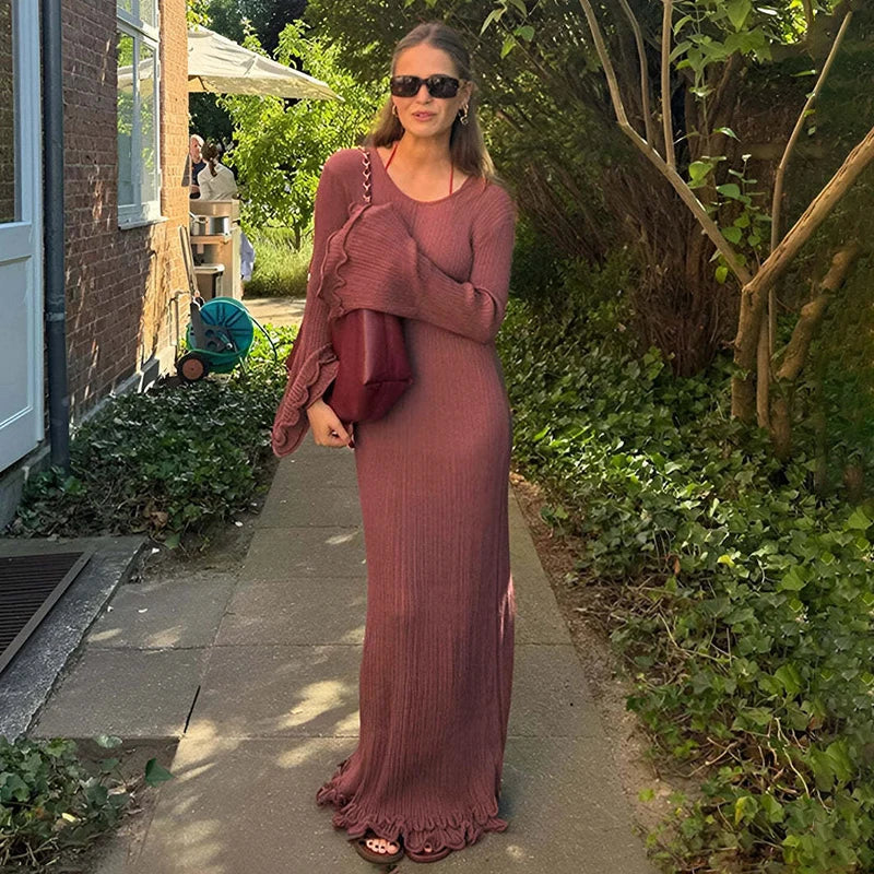 Knit Lace-Up Long Sleeve Loose Pleated Maxi Dress