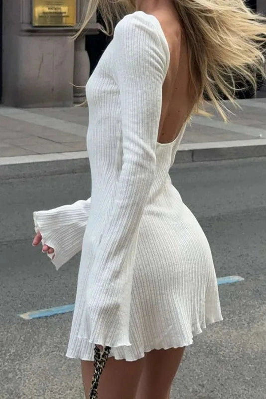 Glorol - Elegant Backless Round Neck High Waist Long Sleeve Mini Dress