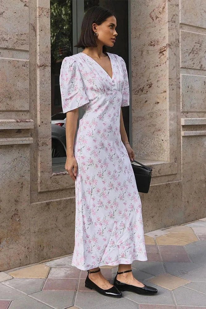 Printed V-Neck Short Sleeve Slim High Waist Maxi Dress