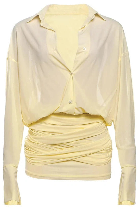 Glorol - Long Sleeve Hip Strap See Through Patchwork Mini Dress