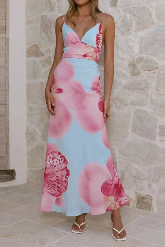 V-Neck Printed Sleeveless Fit Pleated Backless Maxi Dress