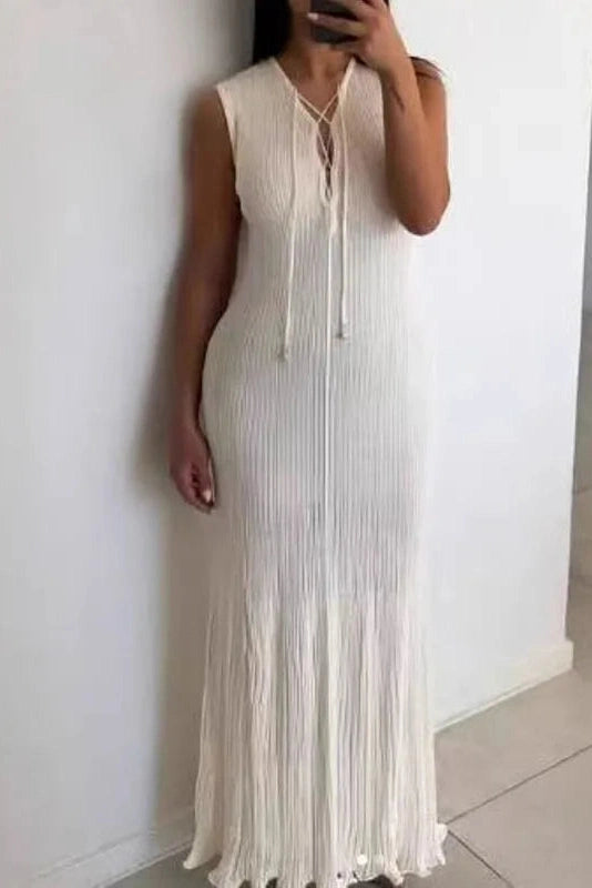 Glorol - Elegant Hollow Out Lace Up Slim Knitted Sleeveless Maxi Dress