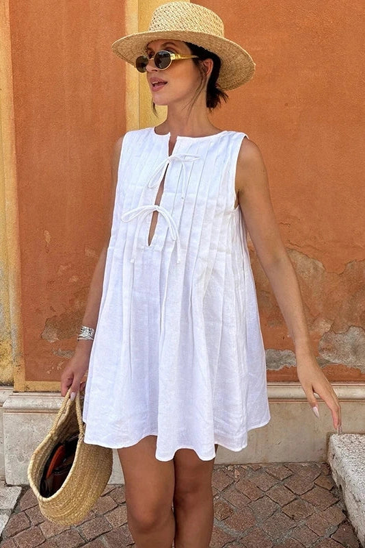 Glorol - Elegant Loose Pleated Lace-Up Mini Dress