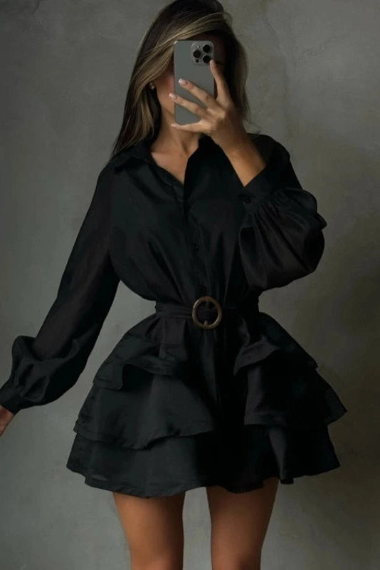 Glorol - Elegant Long Sleeves Single-Breasted Belt Mini Dress