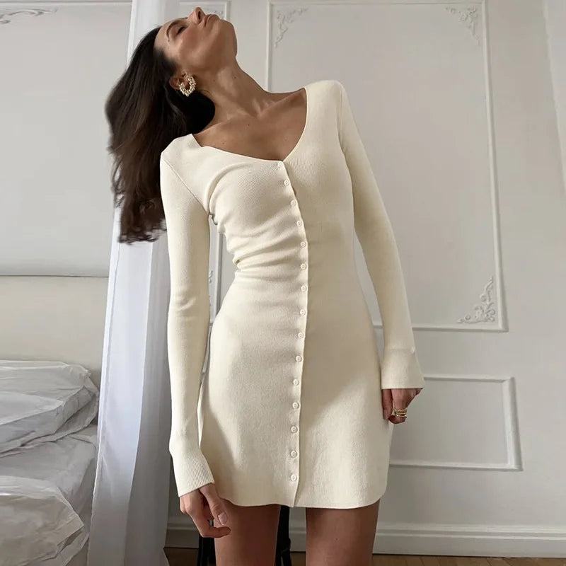 Glorol - Long Sleeve V Neck Single Breasted Slim Mini Dress