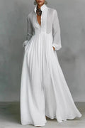 Glorol - Elegant Long Sleeve Pleated High Waist Maxi Dress