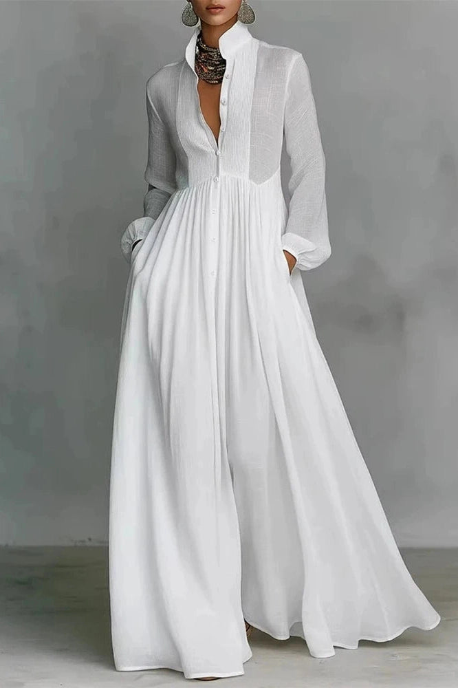 Glorol - Elegant Long Sleeve Pleated High Waist Maxi Dress