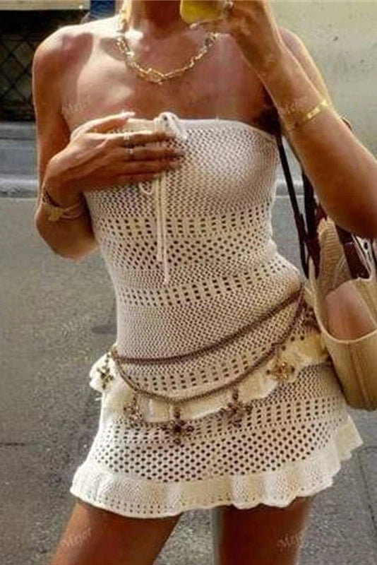 Glorol - Hollow Out Tie Up Knitted Sleeveless Mini Dress