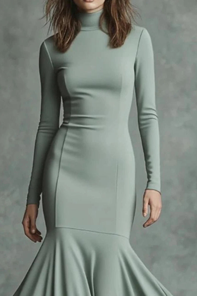 Glorol - Elegant Slim High Waist Turtleneck Long Sleeve Maxi Dress