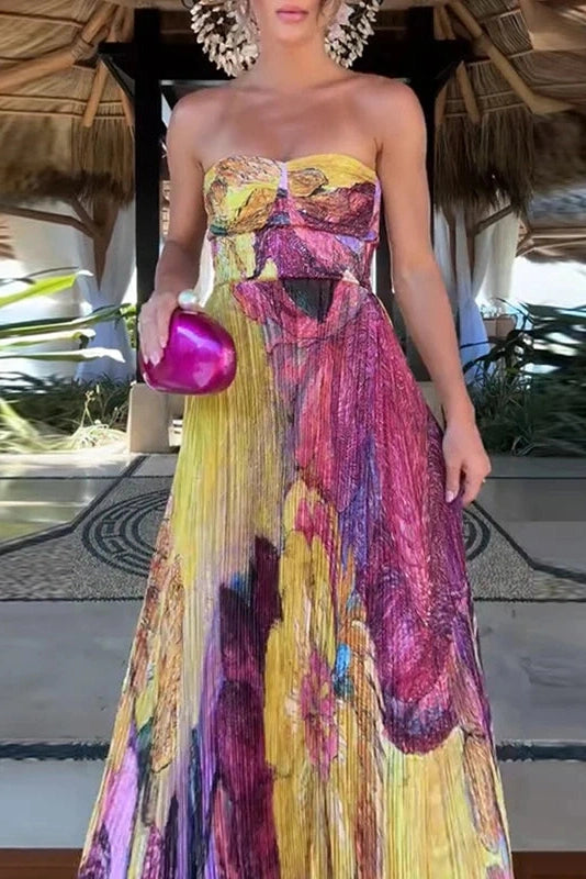 Glorol - Elegant Strapless Printed Sleeveless Off Shoulder High Waist Maxi Dress