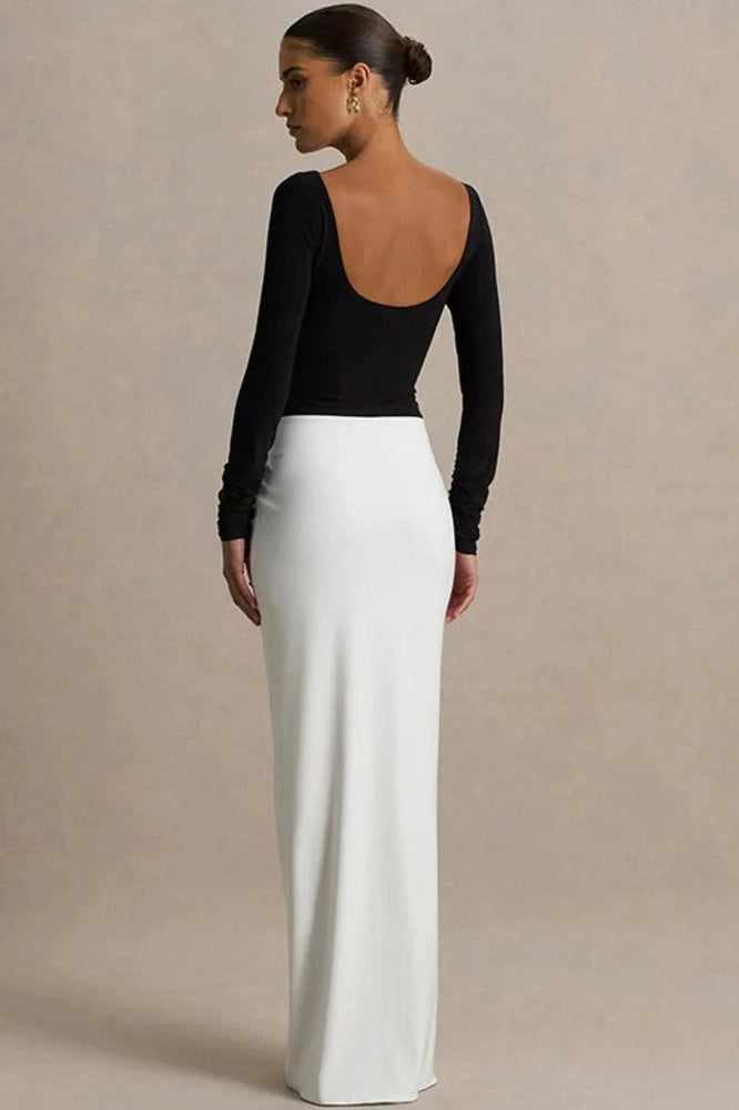 Glorol - Long Sleeve Backless Patchwork High Waist Maxi Dress