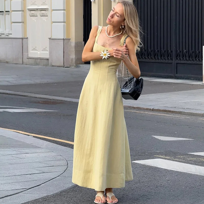 Glorol - Elegant Square Neck Backless High Waist Sleeveless Maxi Dress