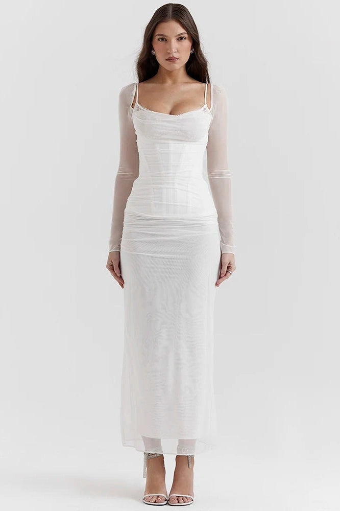 Glorol - Elegant Sheer Long Sleeve Strapless Backless Maxi Dress