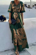 V-Neck Short Sleeve Pleated Printed Maxi Dress