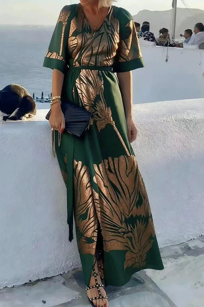 V-Neck Short Sleeve Pleated Printed Maxi Dress
