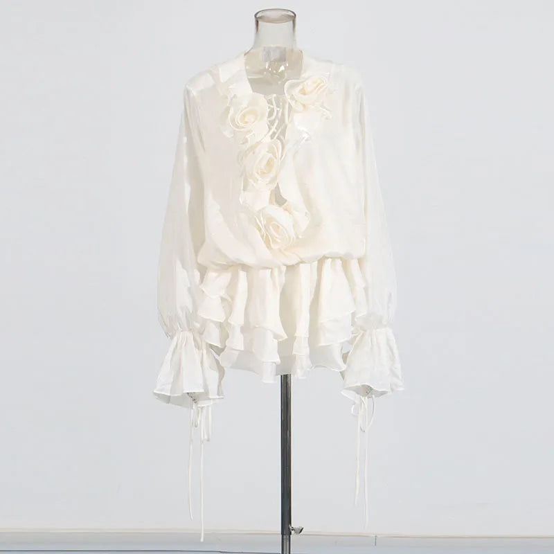 Glorol - See-Through Lace Up Long Sleeve Mini Dress